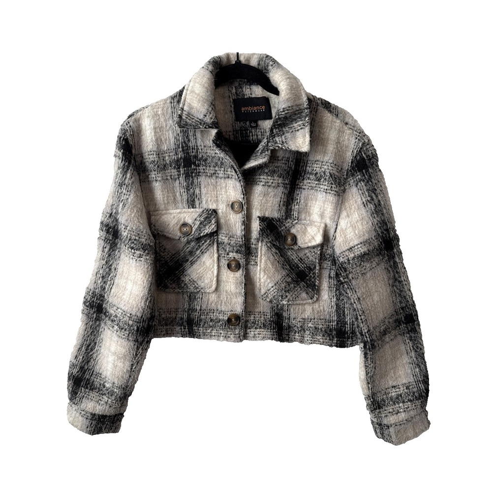 Ambiance Outerwear Y2K Wool Plaid Cropped Shacket Jacket Women's L Boho Grunge